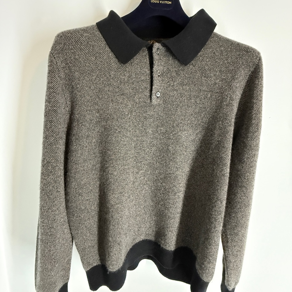 Men's Gray Polo-Collar 100% Cashmere J. Crew Sweater with Black Trim